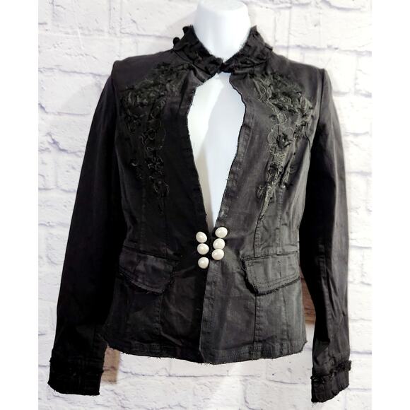 Gypsy & Co. Black Embroidered Floral Band Collar Jacket Small Long Sleeves - Picture 1 of 3